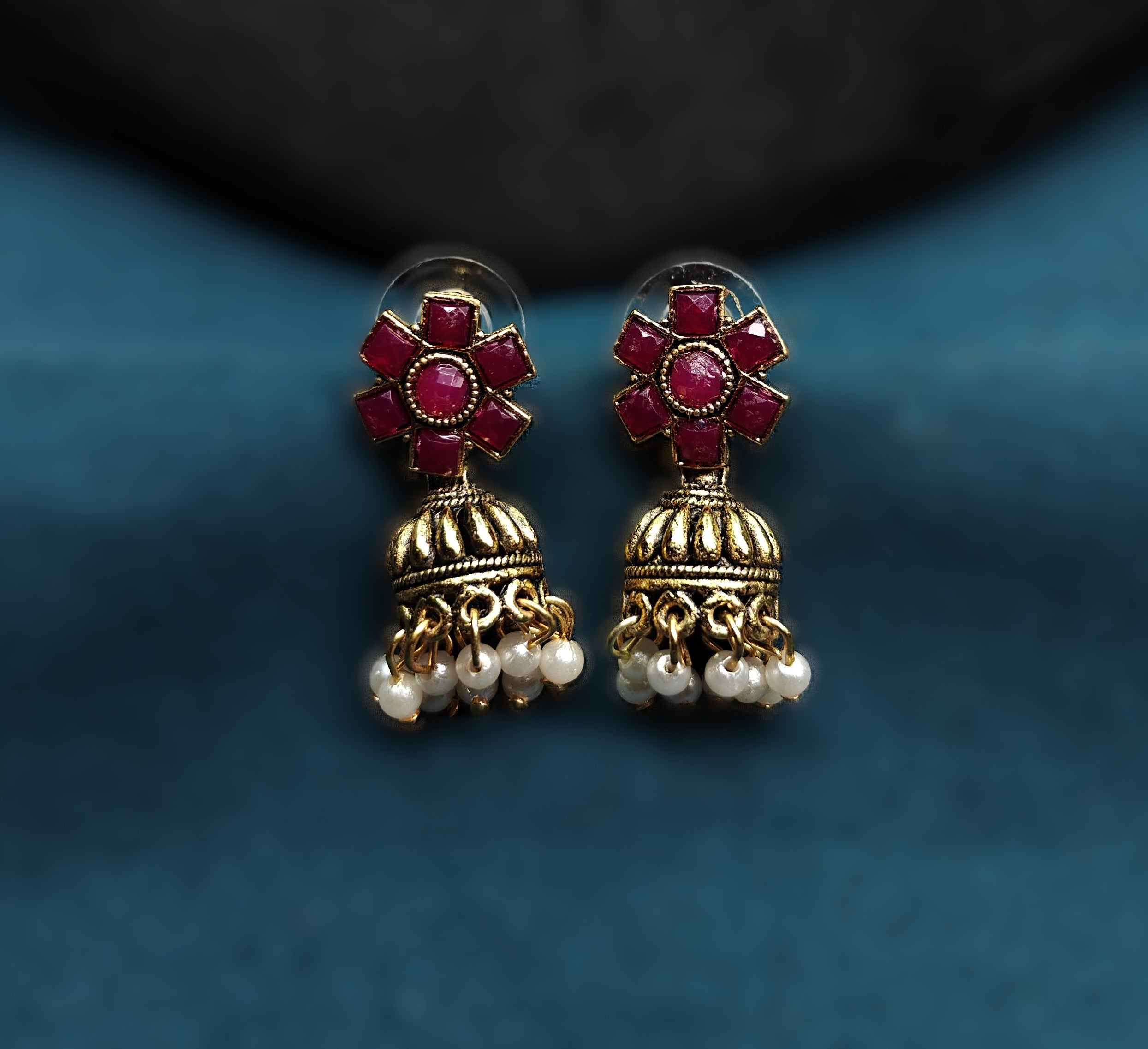 Antique Gold Ruby Red Kemp Dual Row Necklace Set for Women - Matte Finish