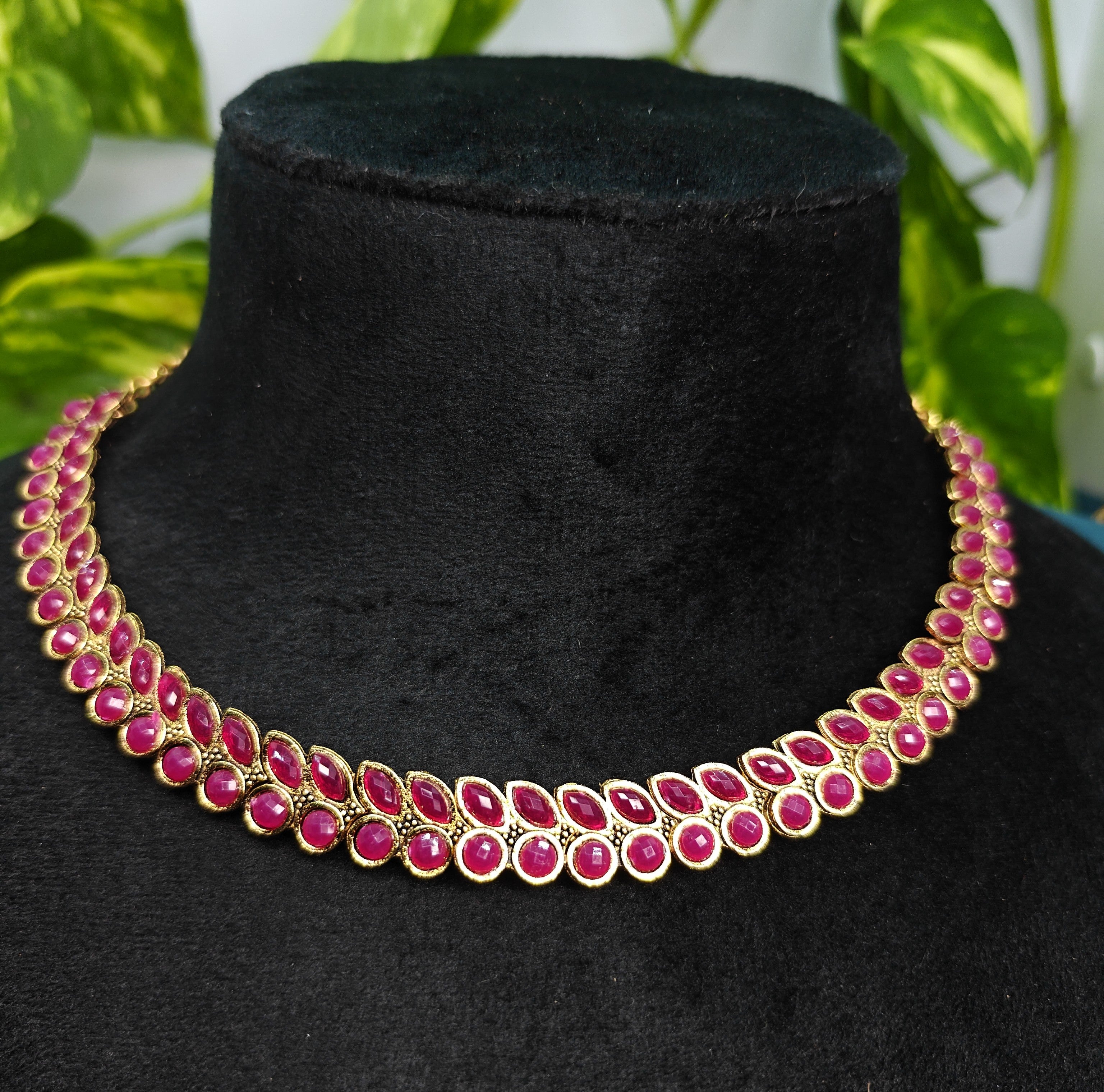 Antique Gold Ruby Red Kemp Dual Row Necklace Set for Women - Matte Finish