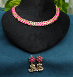 Antique Gold Ruby Pink Dual Row Necklace Set for Women - Matte Finish