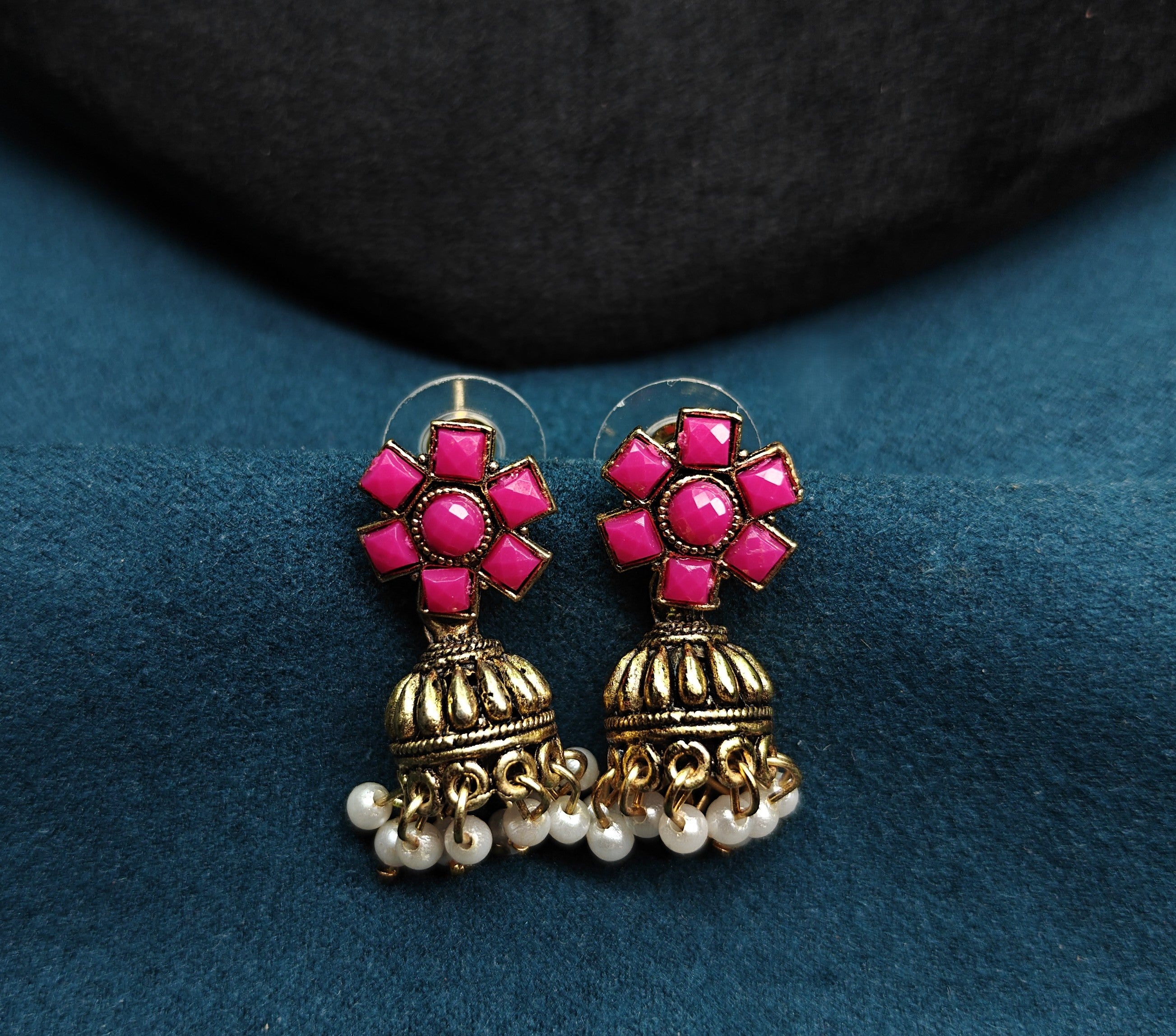 Antique Gold Ruby Pink Dual Row Necklace Set for Women - Matte Finish