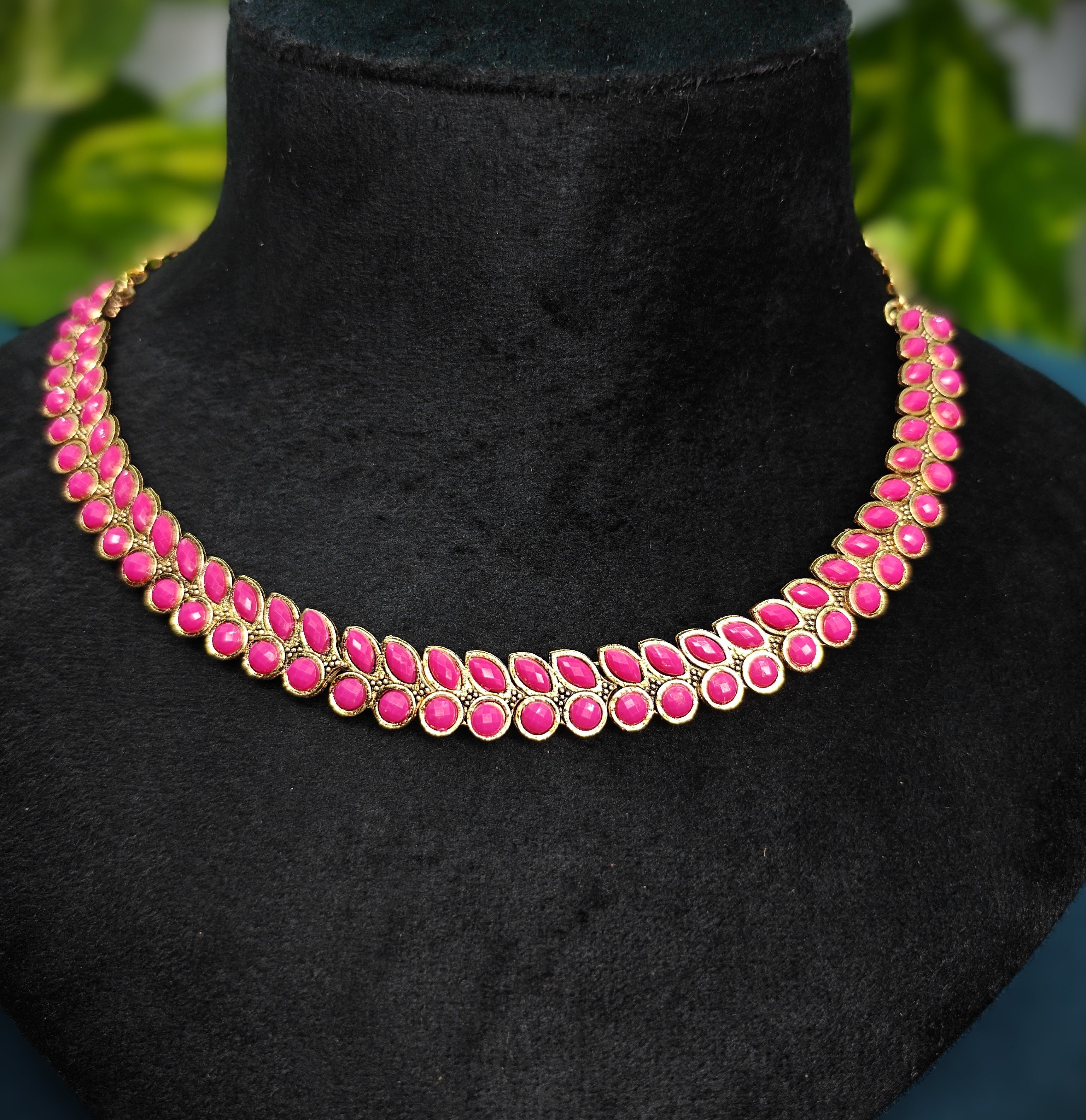 Antique Gold Ruby Pink Dual Row Necklace Set for Women - Matte Finish