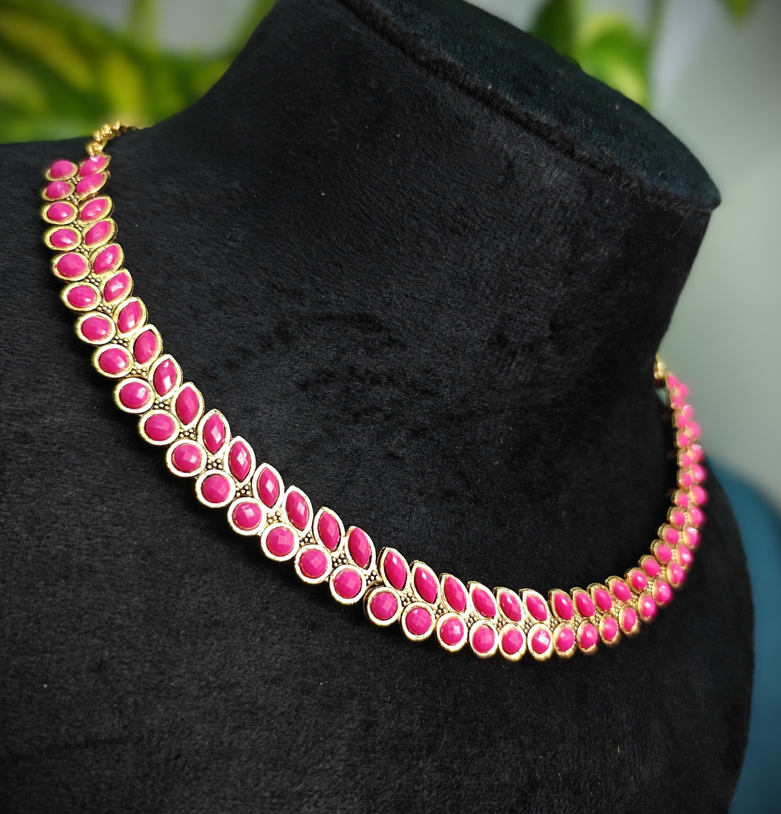 Antique Gold Ruby Pink Dual Row Necklace Set for Women - Matte Finish