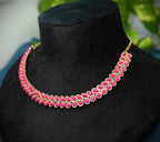 Antique Gold Ruby Pink Dual Row Necklace Set for Women - Matte Finish