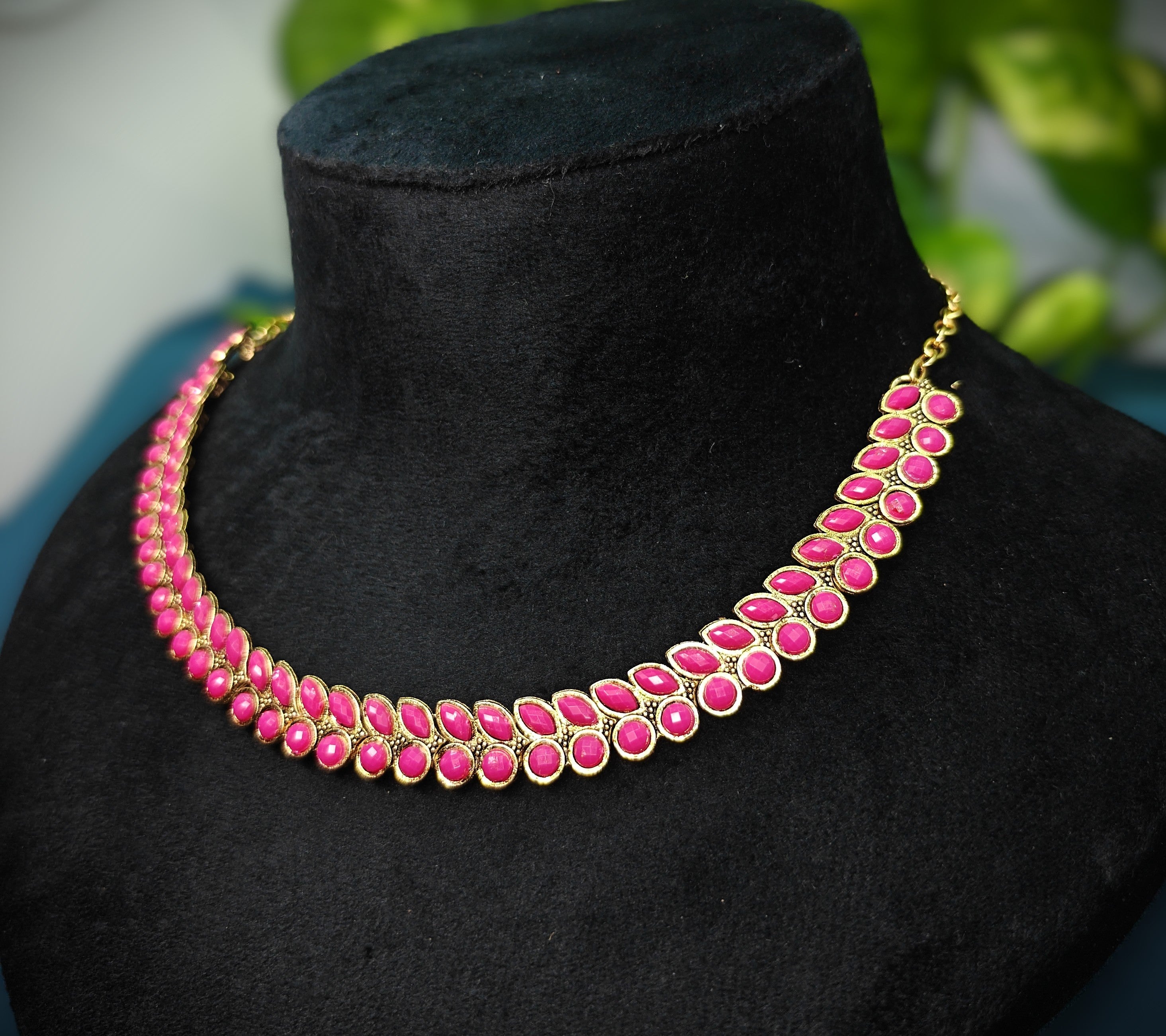 Antique Gold Ruby Pink Dual Row Necklace Set for Women - Matte Finish