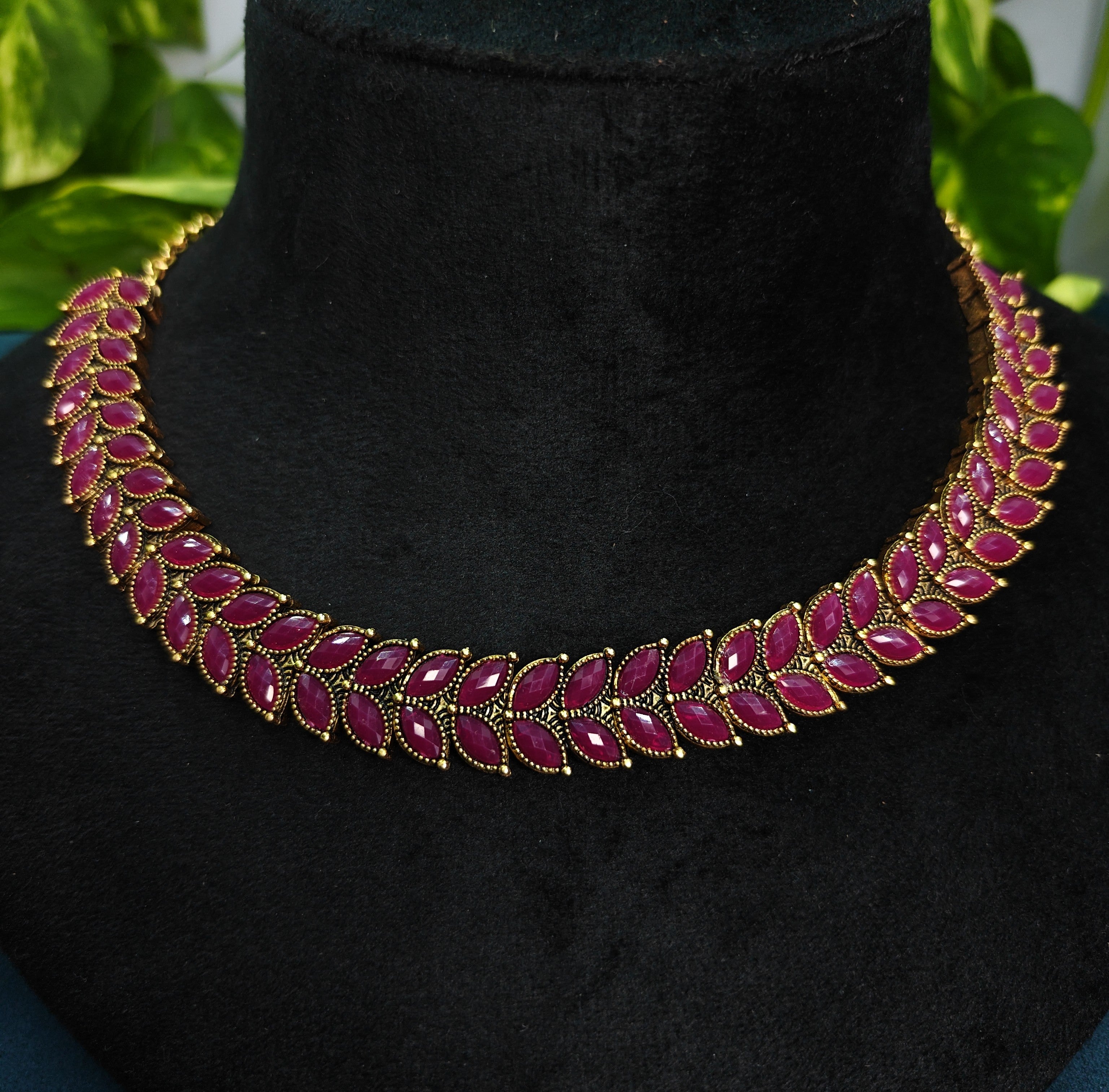 Antique Gold Ruby Red Dual Row Necklace Set for Women - Matte Finish