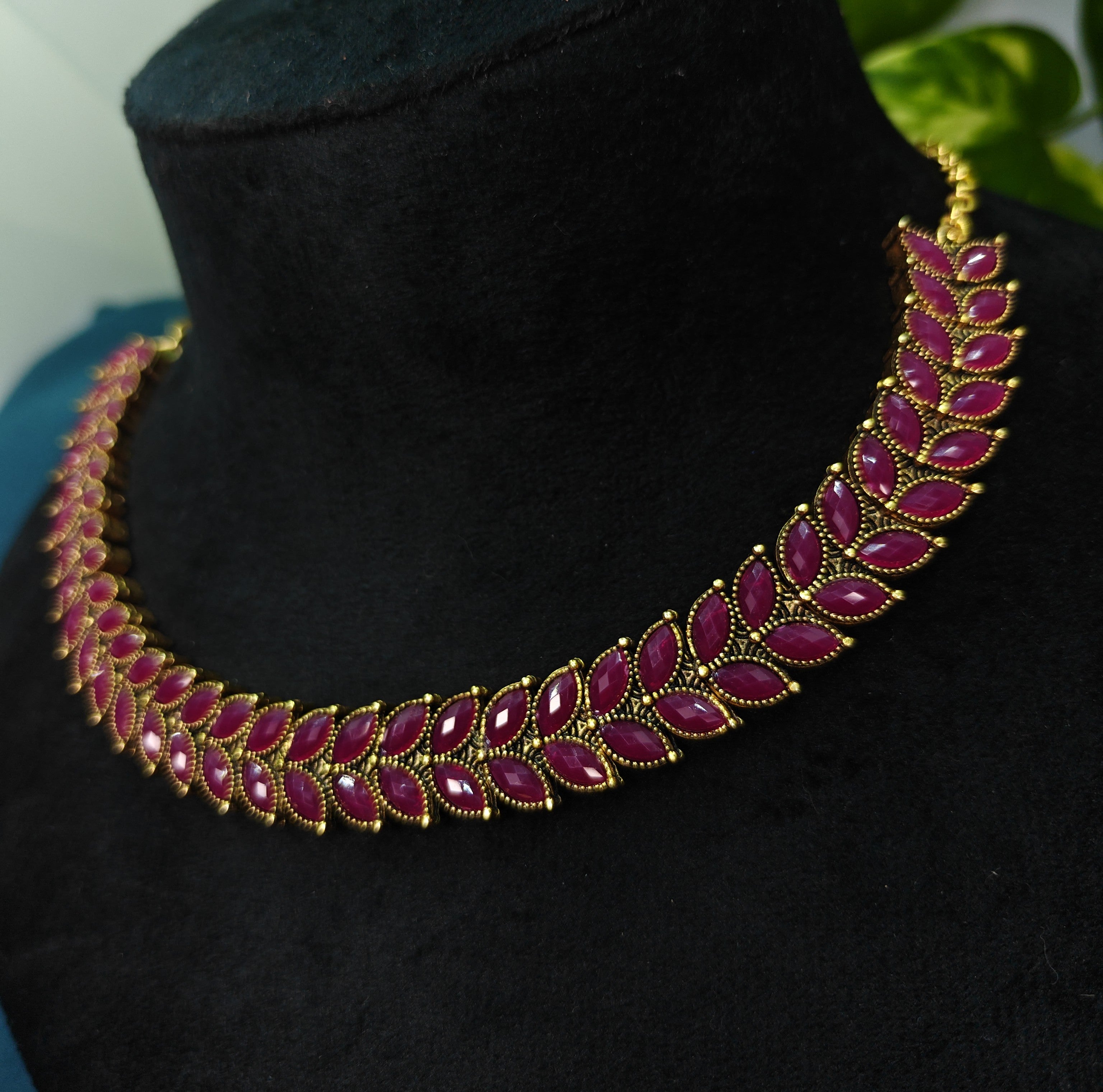 Antique Gold Ruby Red Dual Row Necklace Set for Women - Matte Finish