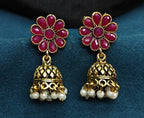 Antique Gold Ruby Red Dual Row Necklace Set for Women - Matte Finish