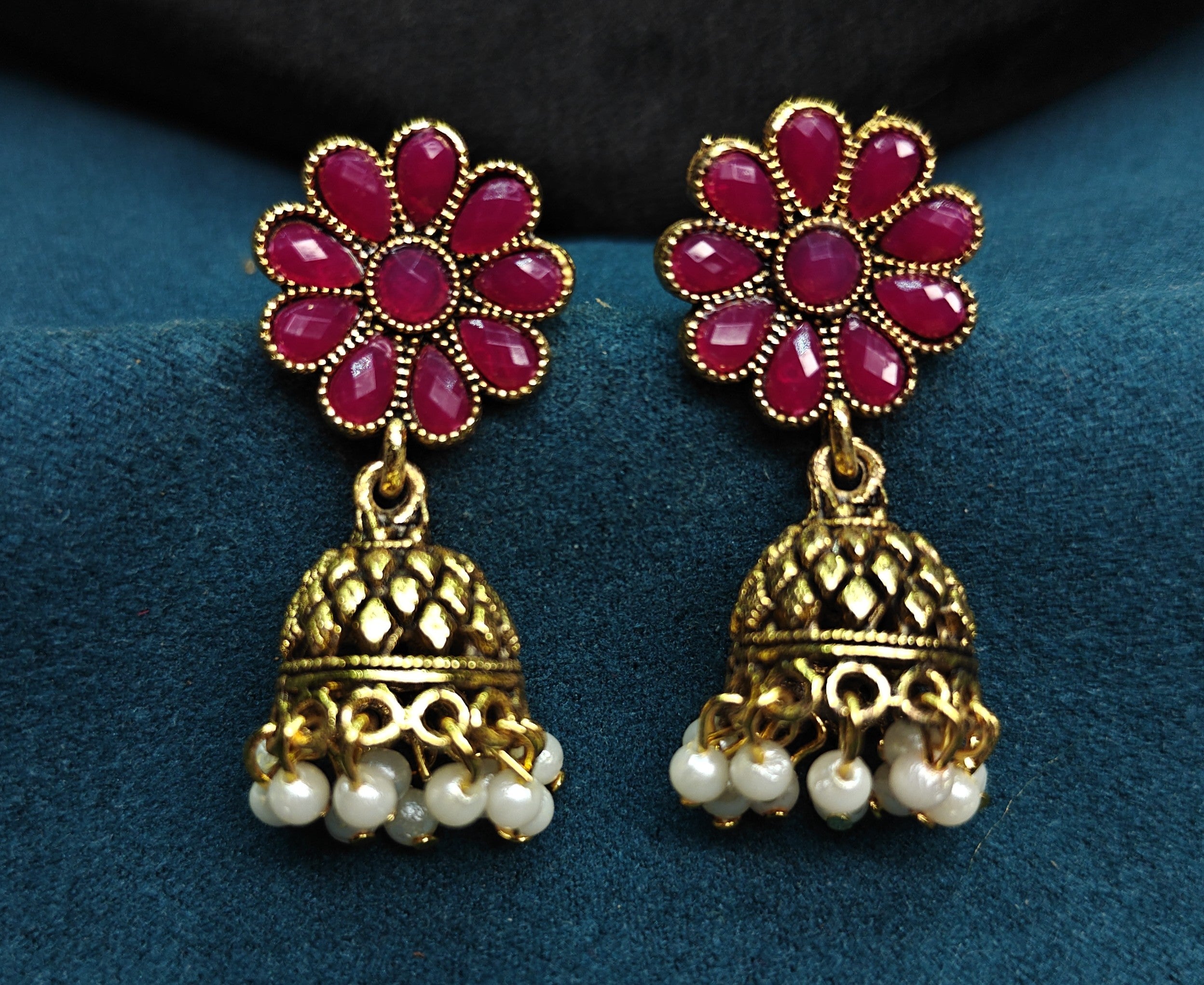 Antique Gold Ruby Red Dual Row Necklace Set for Women - Matte Finish