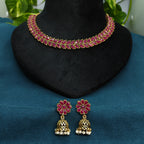 Antique Gold Ruby Red Dual Row Necklace Set for Women - Matte Finish