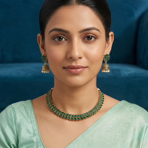 Antique Gold Emerald Green Kemp Dual Row Necklace Set for Women - Matte Finish