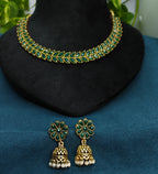 Antique Gold Emerald Green Kemp Dual Row Necklace Set for Women - Matte Finish