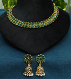 Antique Gold Emerald Green Kemp Dual Row Necklace Set for Women - Matte Finish