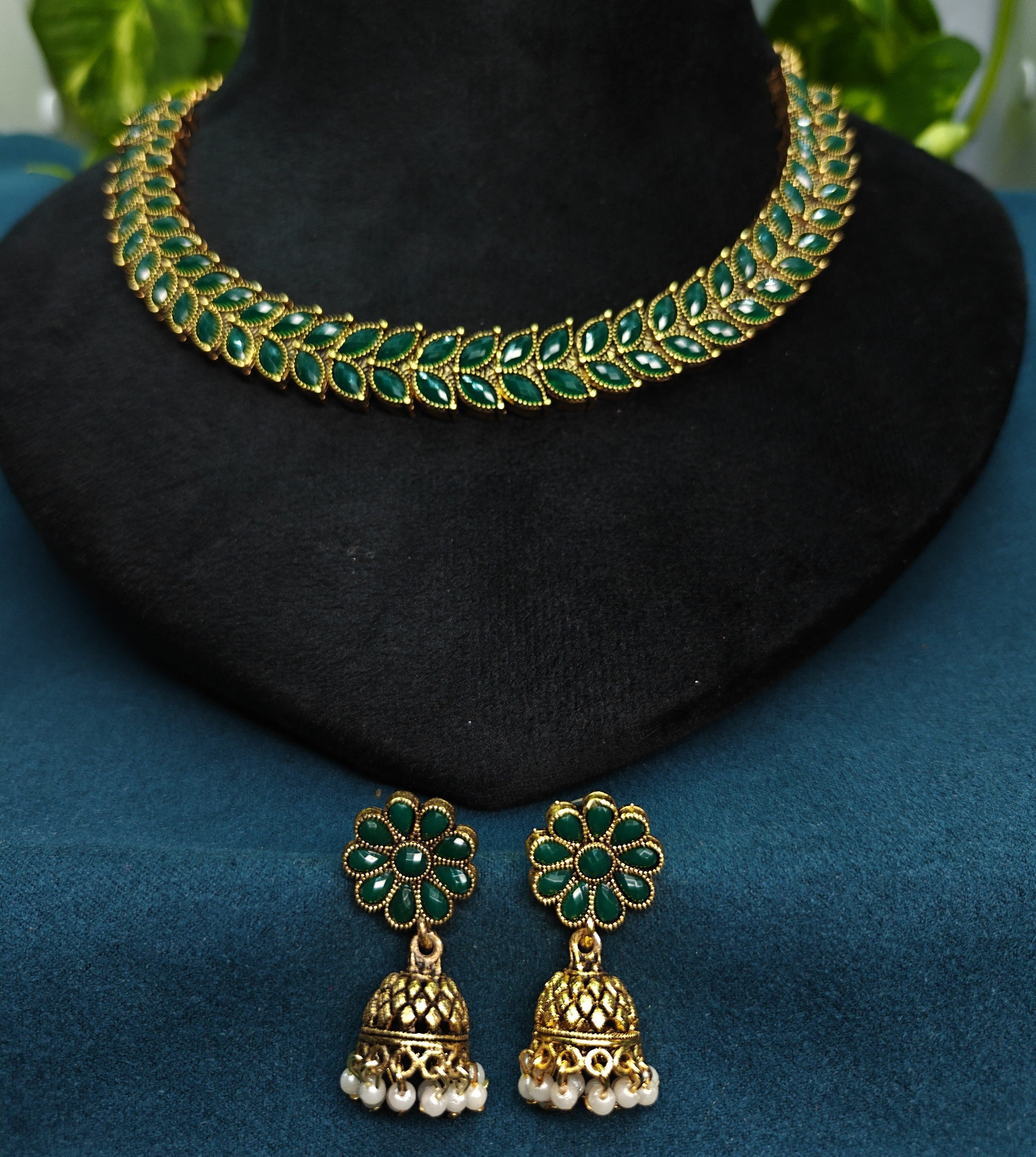 Antique Gold Emerald Green Kemp Dual Row Necklace Set for Women - Matte Finish