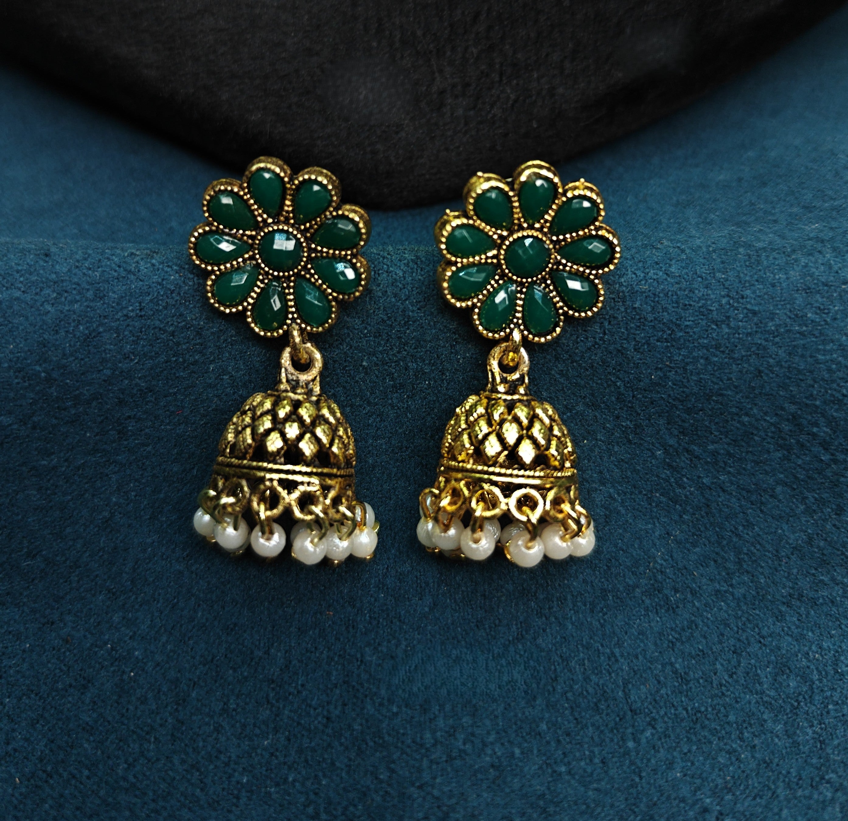 Antique Gold Emerald Green Kemp Dual Row Necklace Set for Women - Matte Finish