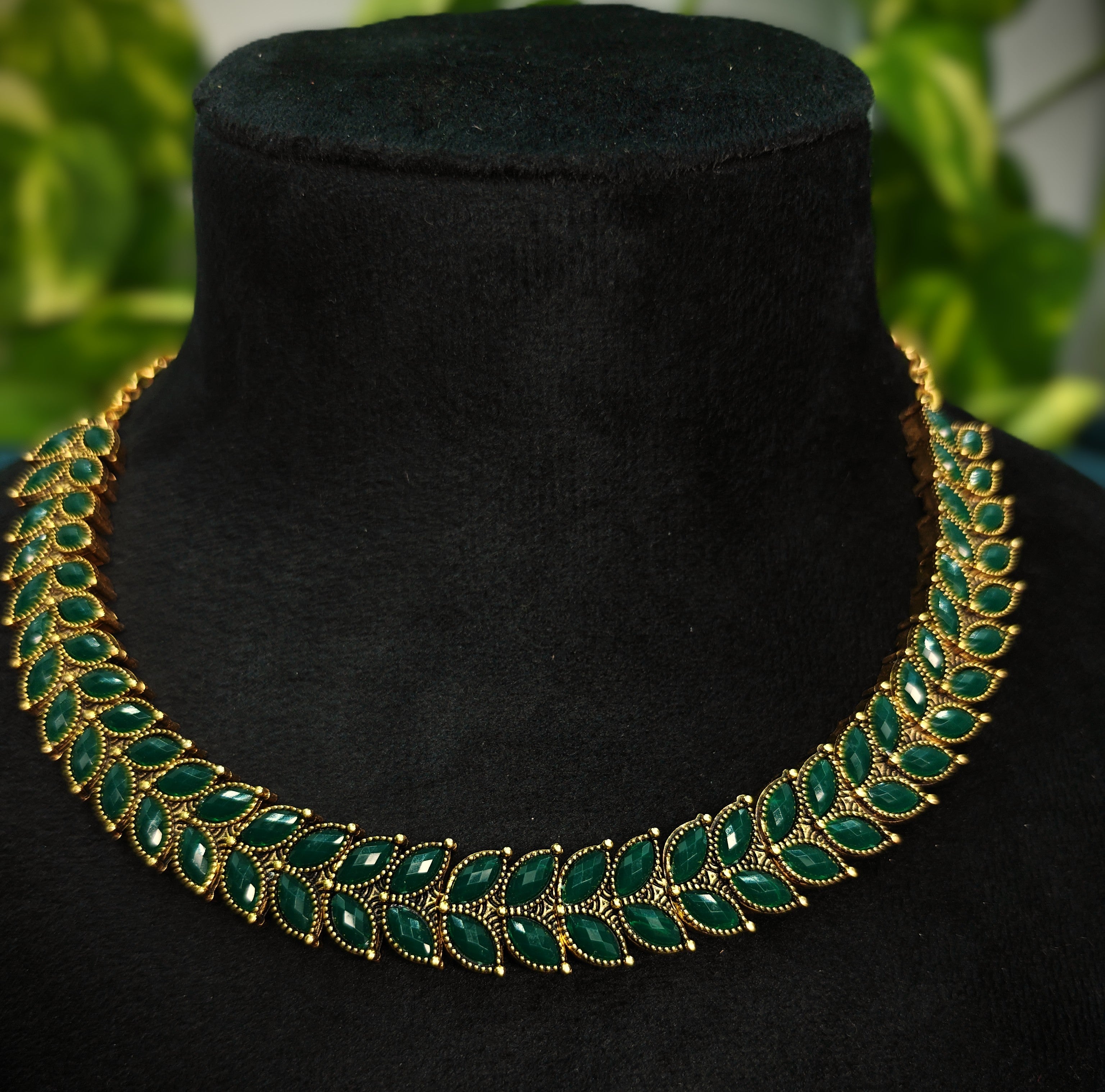 Antique Gold Emerald Green Kemp Dual Row Necklace Set for Women - Matte Finish