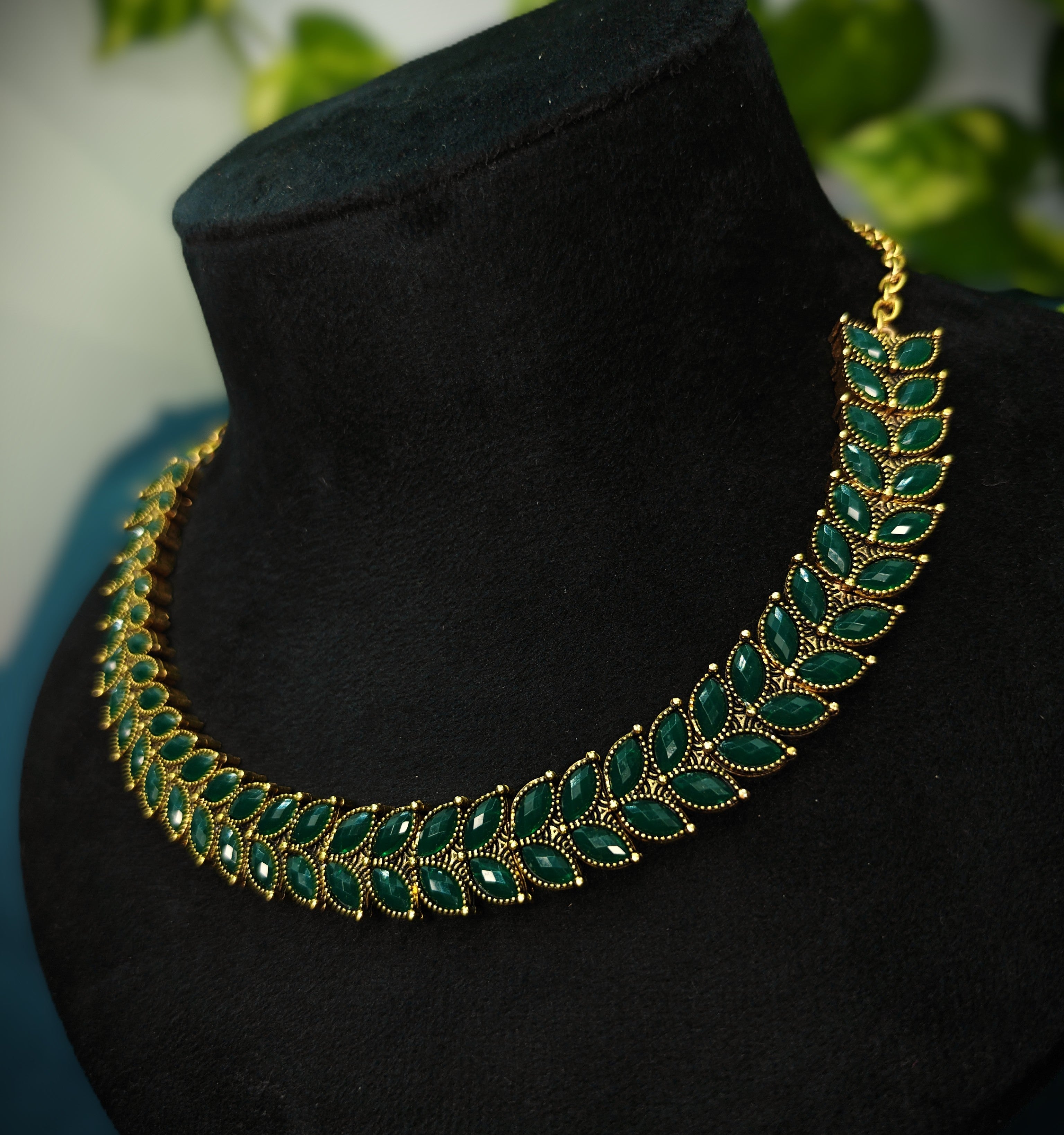 Antique Gold Emerald Green Kemp Dual Row Necklace Set for Women - Matte Finish