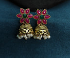 Antique Gold Flower Cutwork Ruby Emerald Kemp Dual Row Necklace Set for Women - Matte Finish