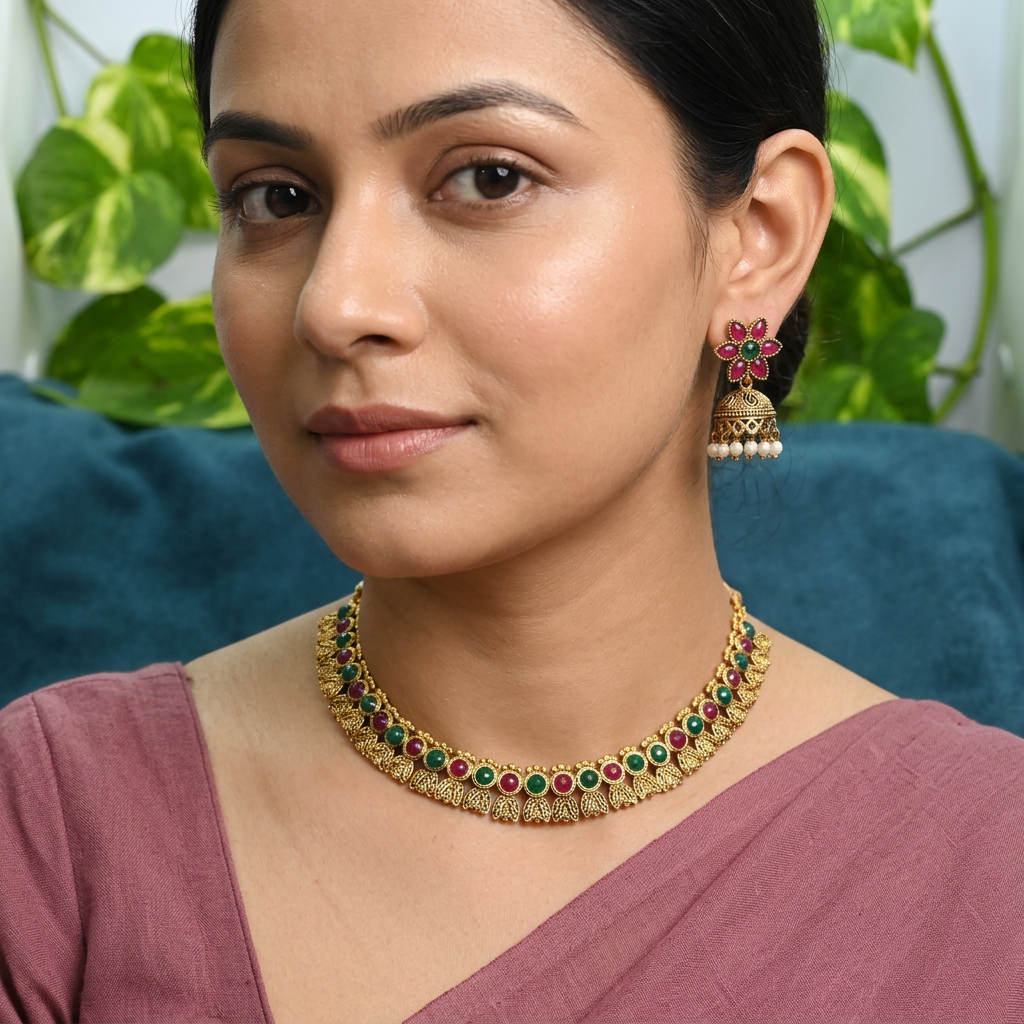 Antique Gold Flower Cutwork Ruby Emerald Kemp Dual Row Necklace Set for Women - Matte Finish