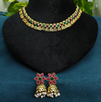 Antique Gold Flower Cutwork Ruby Emerald Kemp Dual Row Necklace Set for Women - Matte Finish