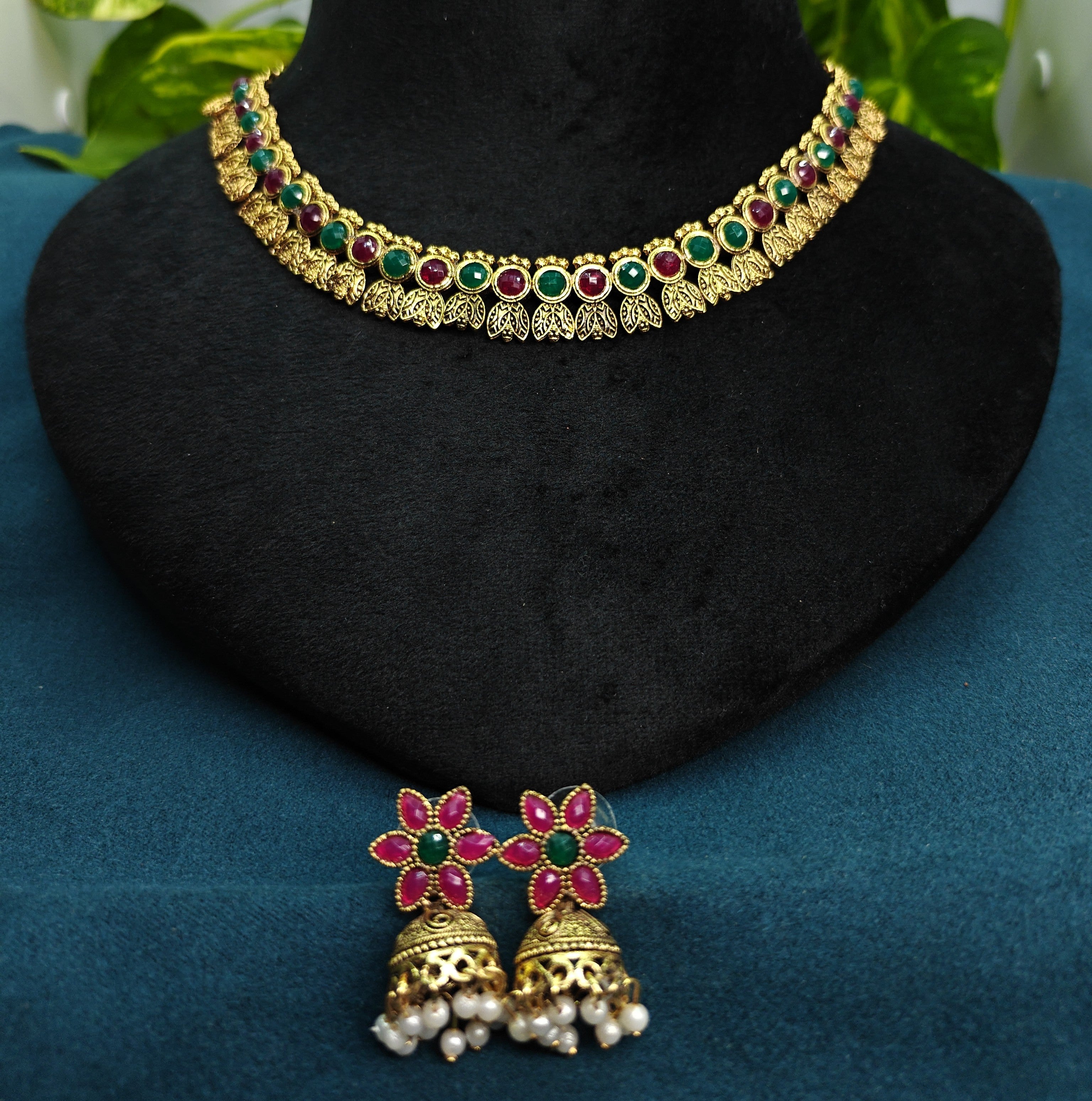 Antique Gold Flower Cutwork Ruby Emerald Kemp Dual Row Necklace Set for Women - Matte Finish