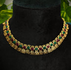 Antique Gold Flower Cutwork Ruby Emerald Kemp Dual Row Necklace Set for Women - Matte Finish