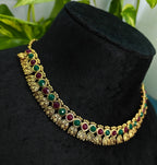 Antique Gold Flower Cutwork Ruby Emerald Kemp Dual Row Necklace Set for Women - Matte Finish
