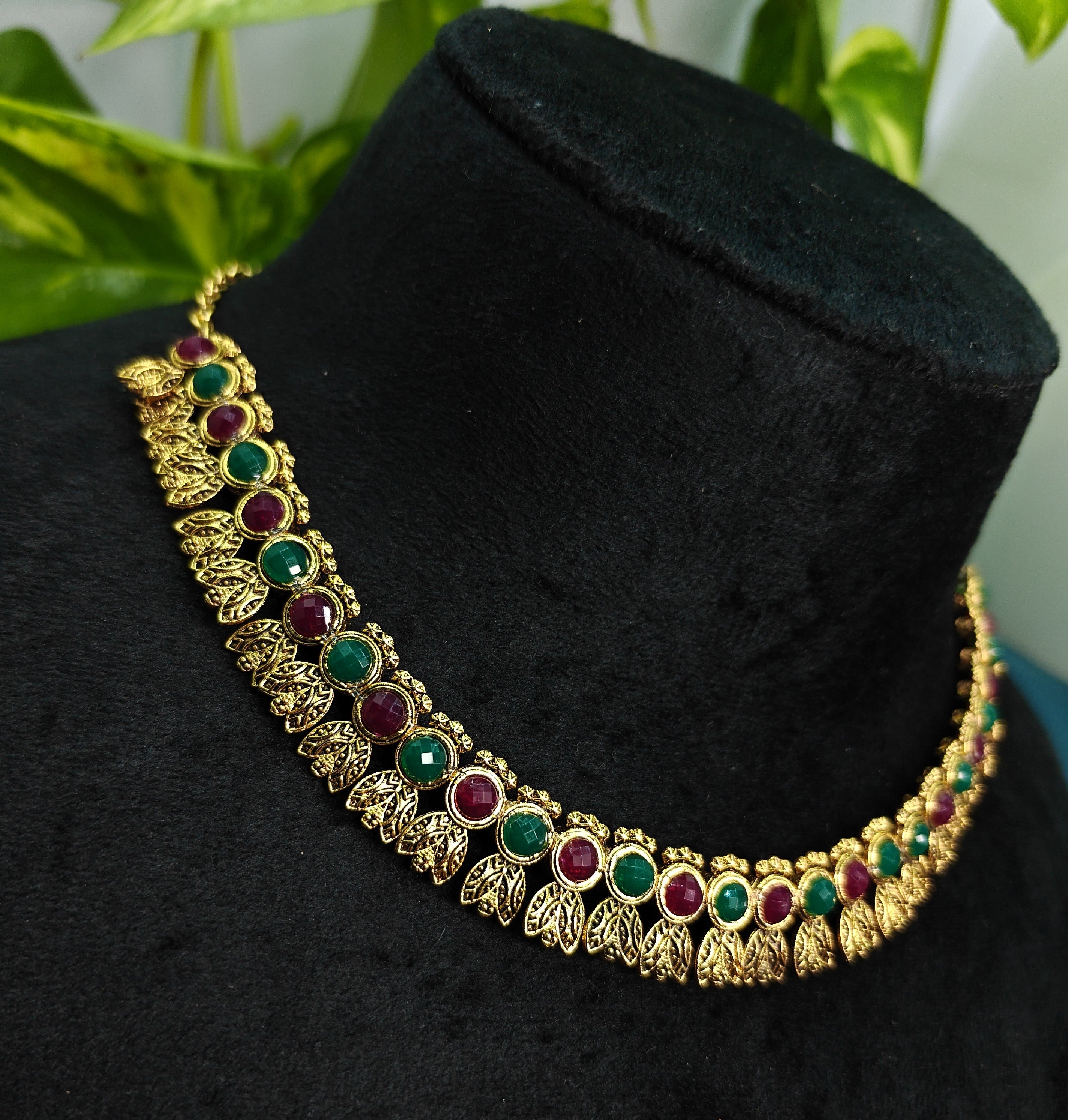 Antique Gold Flower Cutwork Ruby Emerald Kemp Dual Row Necklace Set for Women - Matte Finish
