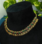 Antique Gold Flower Cutwork Ruby Emerald Kemp Dual Row Necklace Set for Women - Matte Finish