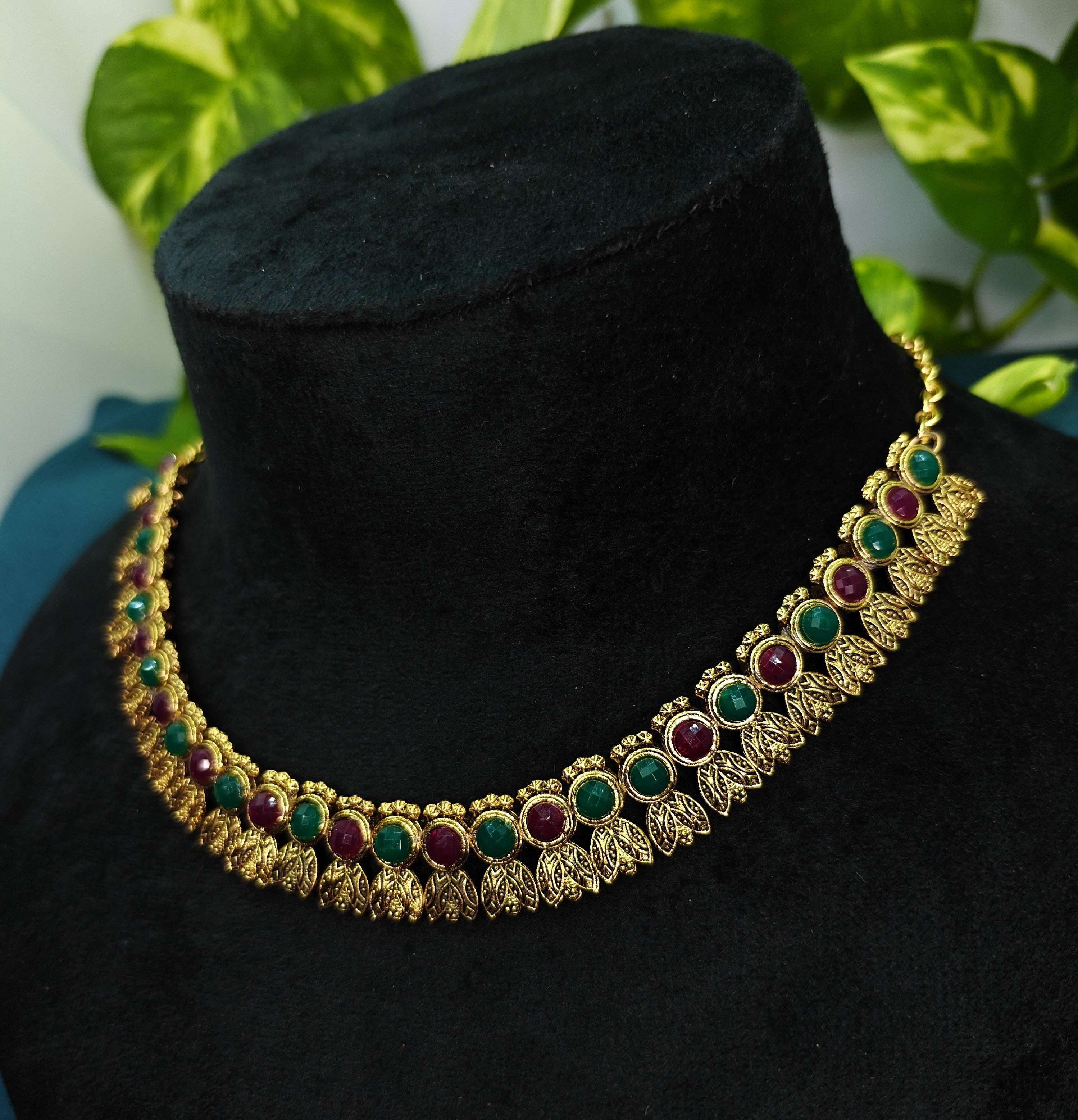 Antique Gold Flower Cutwork Ruby Emerald Kemp Dual Row Necklace Set for Women - Matte Finish