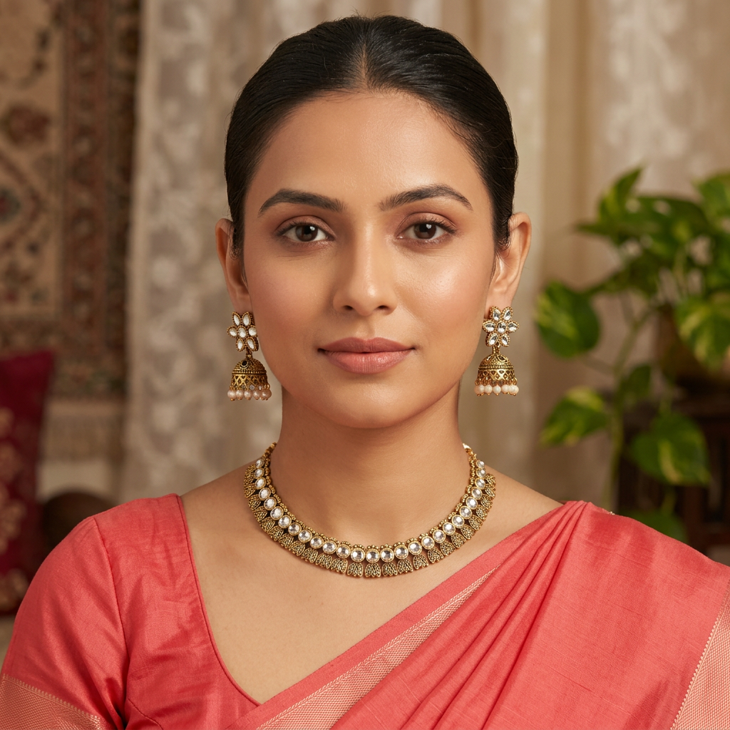 Antique Gold Flower Cutwork White Kundan Dual Row Necklace Set for Women - Matte Finish