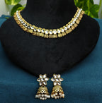 Antique Gold Flower Cutwork White Kundan Dual Row Necklace Set for Women - Matte Finish