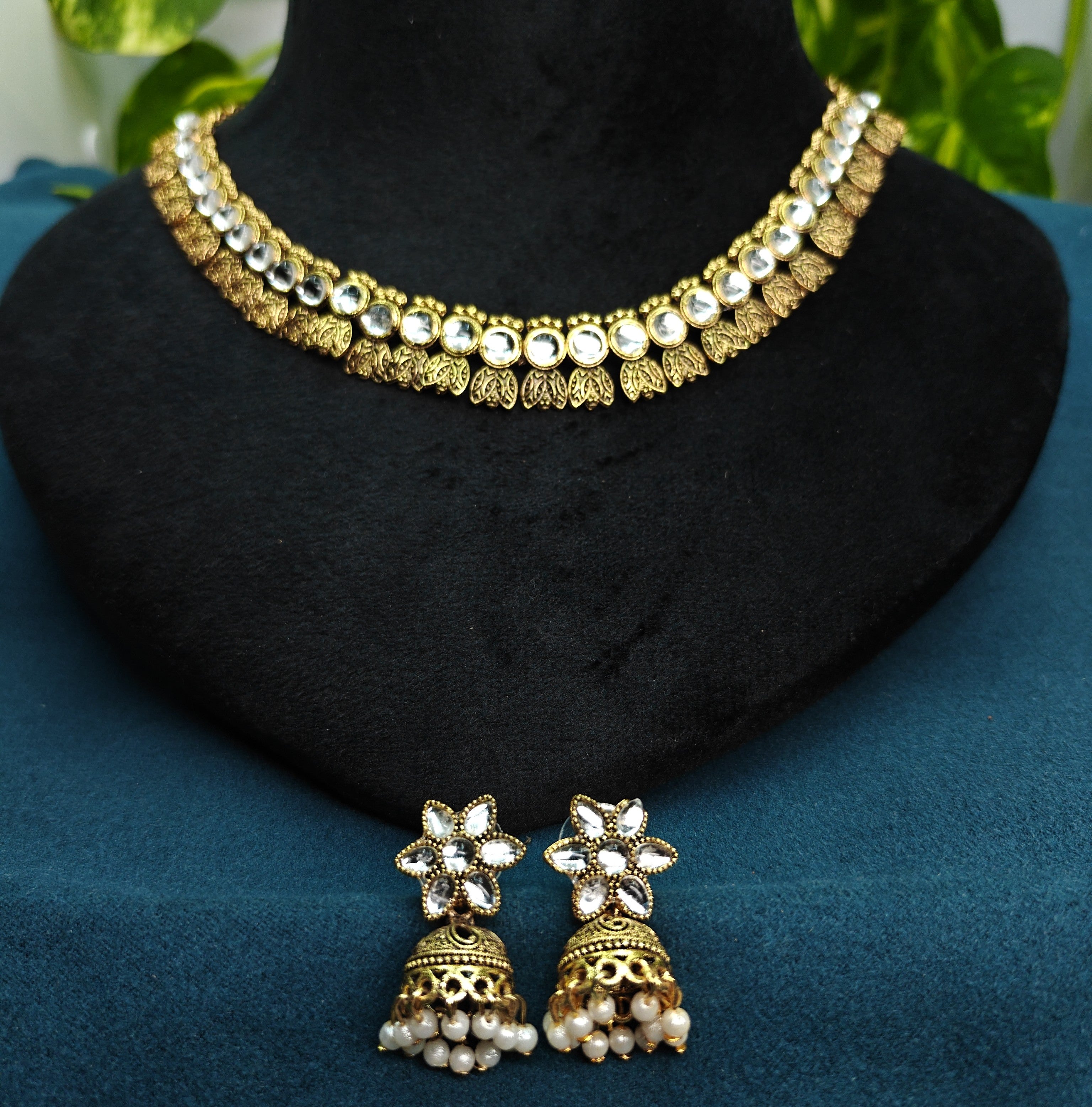 Antique Gold Flower Cutwork White Kundan Dual Row Necklace Set for Women - Matte Finish