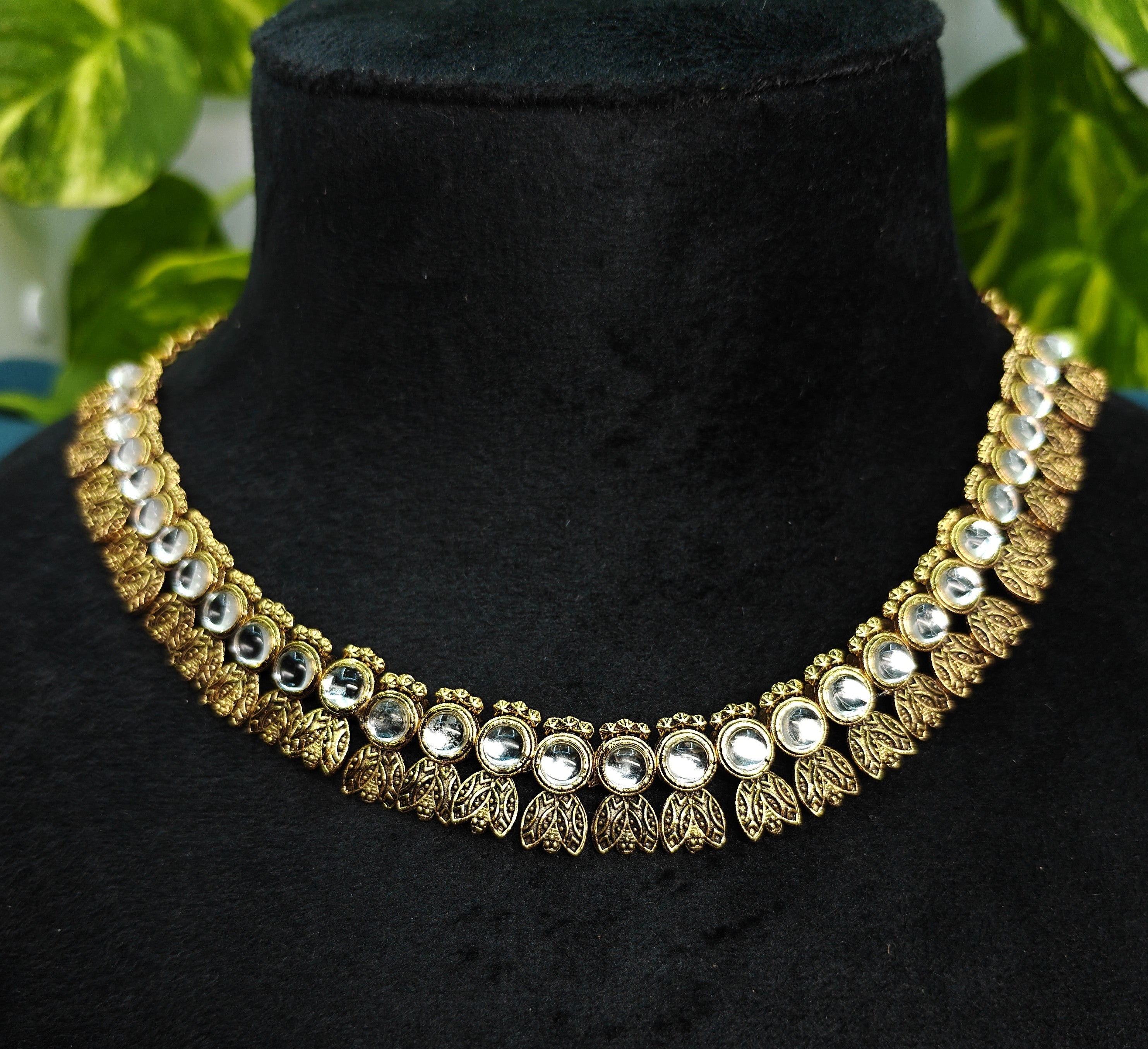 Antique Gold Flower Cutwork White Kundan Dual Row Necklace Set for Women - Matte Finish