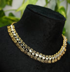 Antique Gold Flower Cutwork White Kundan Dual Row Necklace Set for Women - Matte Finish