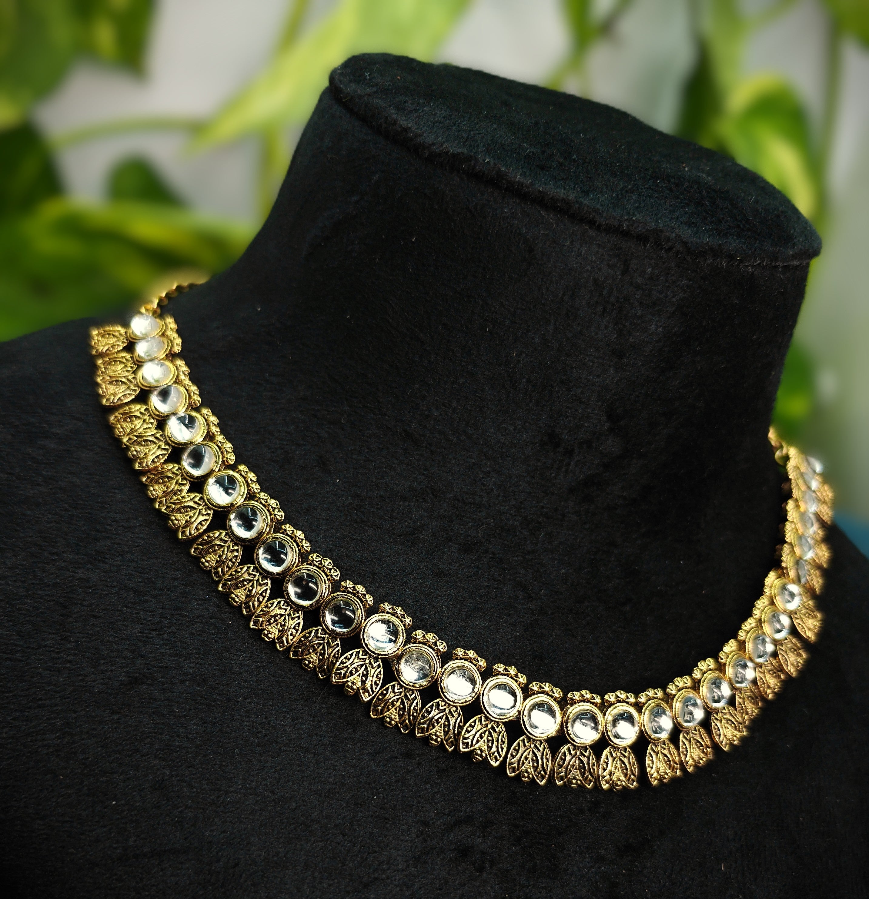 Antique Gold Flower Cutwork White Kundan Dual Row Necklace Set for Women - Matte Finish