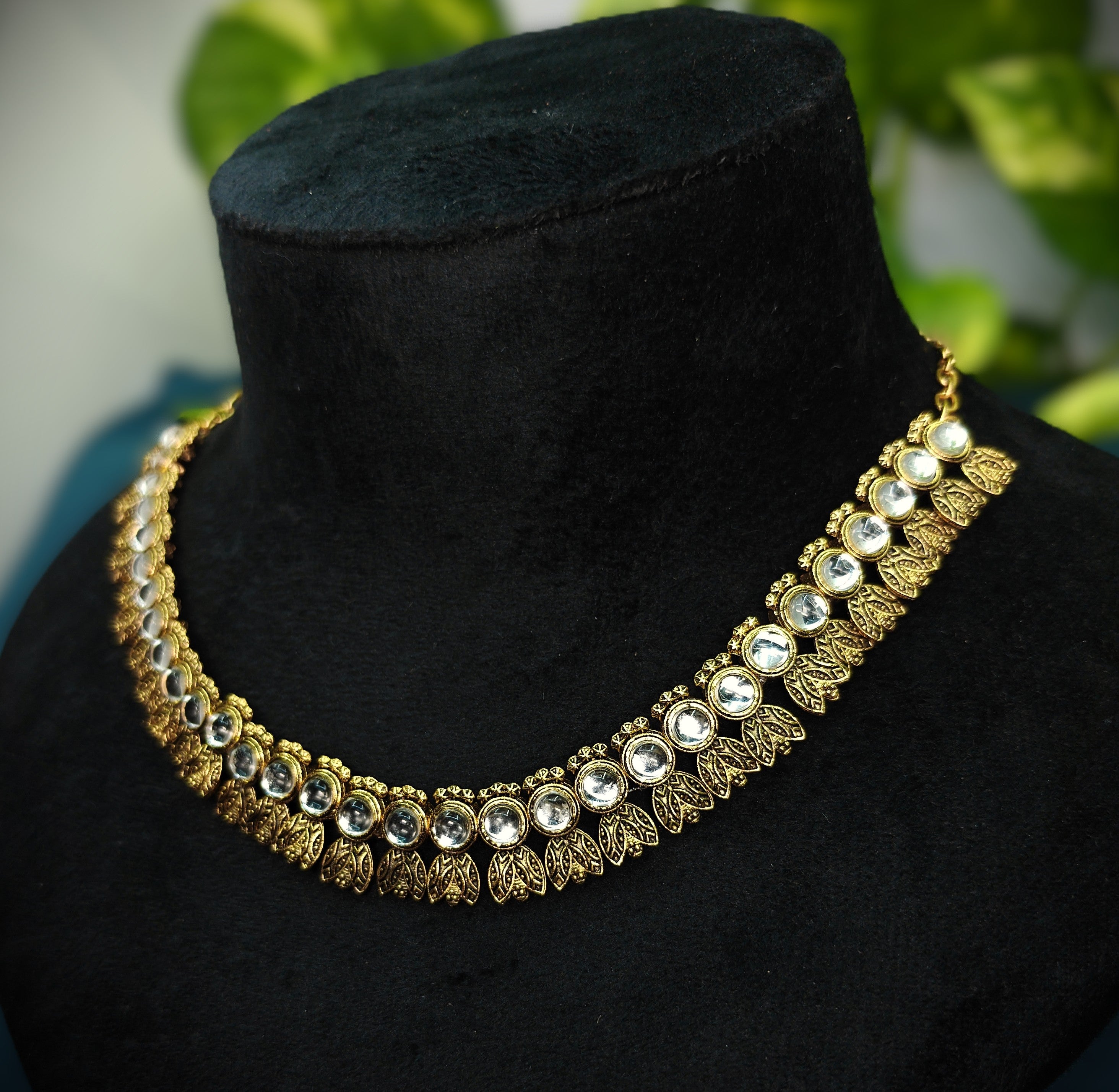 Antique Gold Flower Cutwork White Kundan Dual Row Necklace Set for Women - Matte Finish