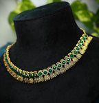 Antique Gold Flower Cutwork Emerald Green Dual Row Necklace Set for Women - Matte Finish