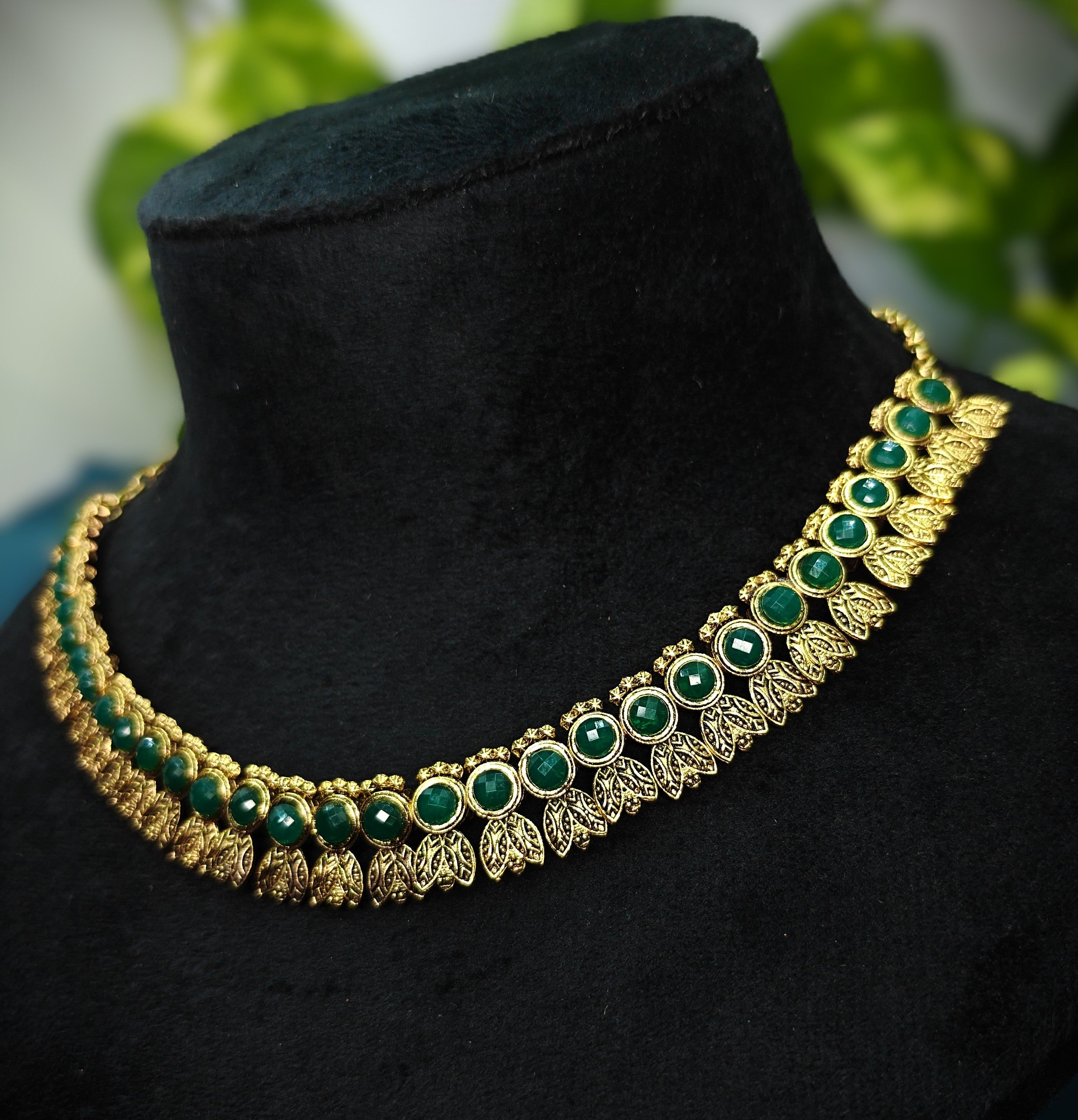 Antique Gold Flower Cutwork Emerald Green Dual Row Necklace Set for Women - Matte Finish