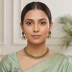Antique Gold Flower Cutwork Emerald Green Dual Row Necklace Set for Women - Matte Finish