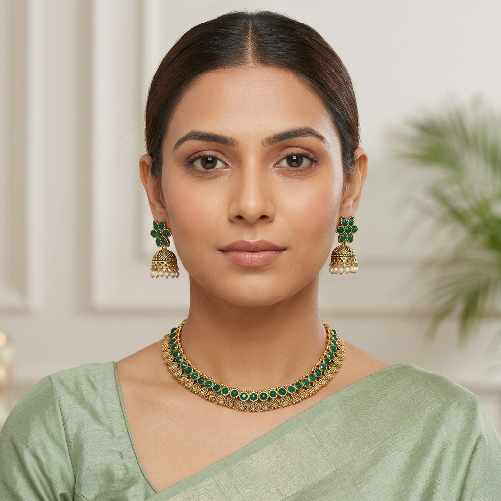 Antique Gold Flower Cutwork Emerald Green Dual Row Necklace Set for Women - Matte Finish
