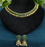 Antique Gold Flower Cutwork Emerald Green Dual Row Necklace Set for Women - Matte Finish