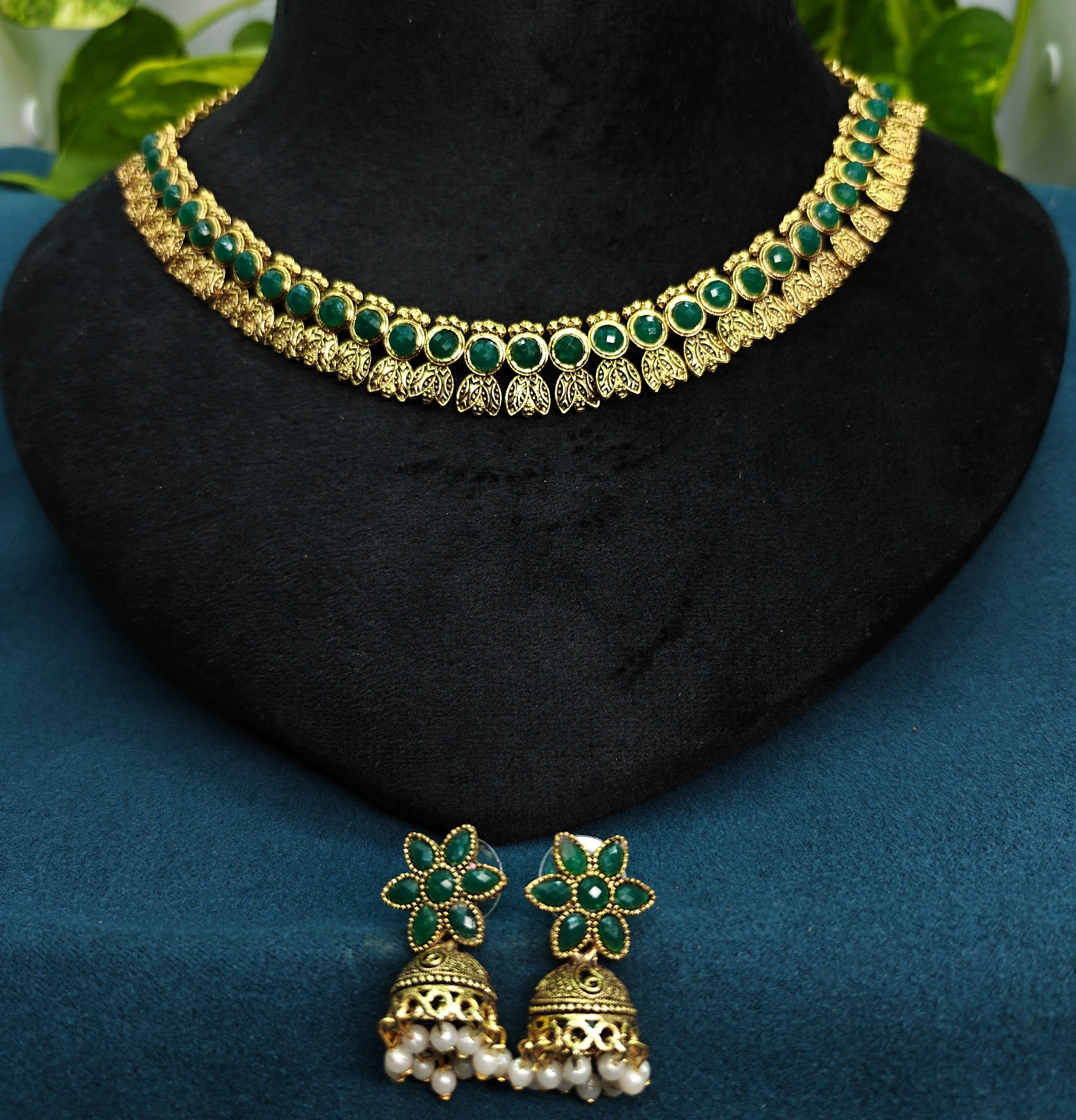 Antique Gold Flower Cutwork Emerald Green Dual Row Necklace Set for Women - Matte Finish