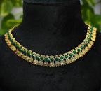 Antique Gold Flower Cutwork Emerald Green Dual Row Necklace Set for Women - Matte Finish