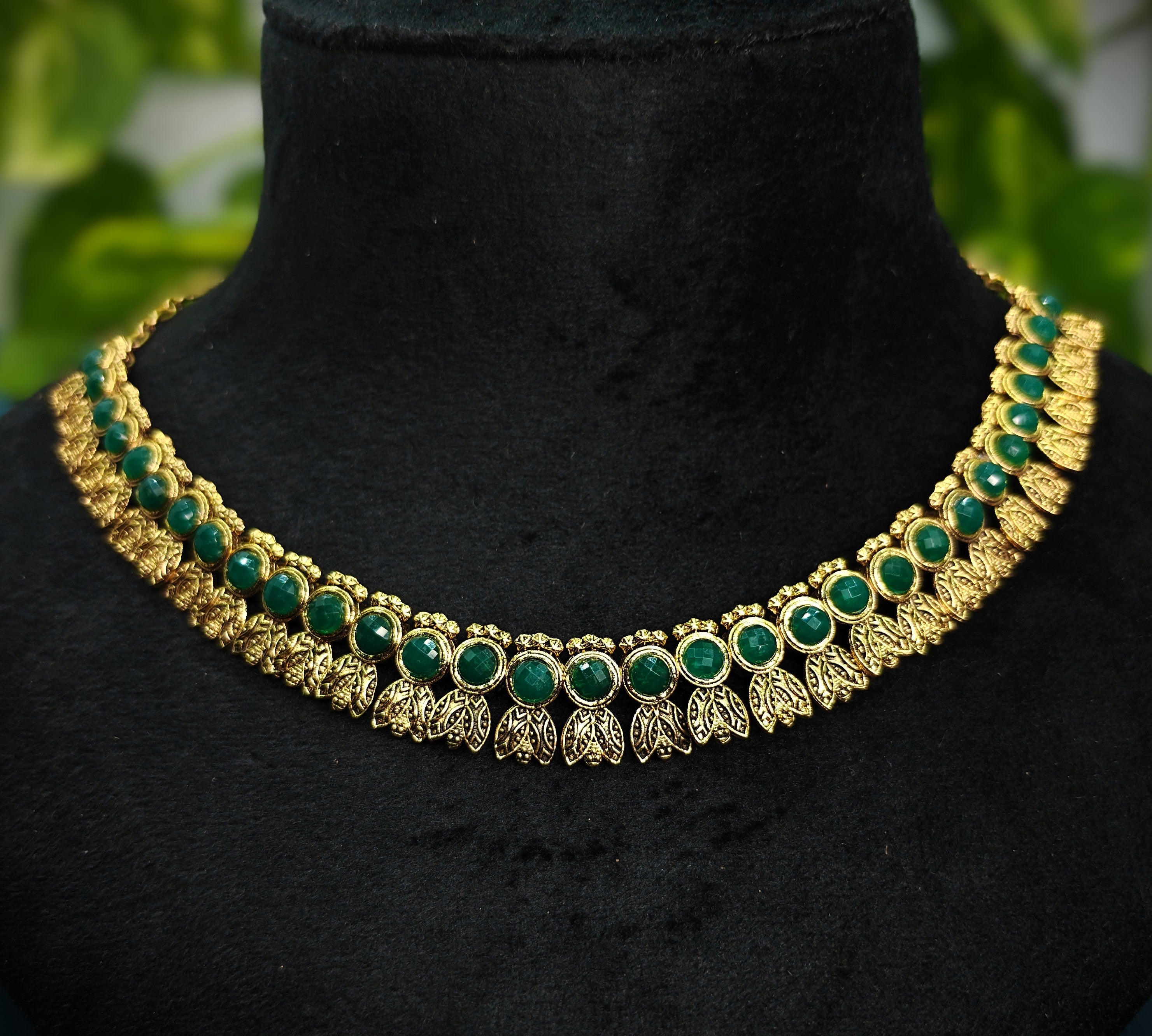 Antique Gold Flower Cutwork Emerald Green Dual Row Necklace Set for Women - Matte Finish