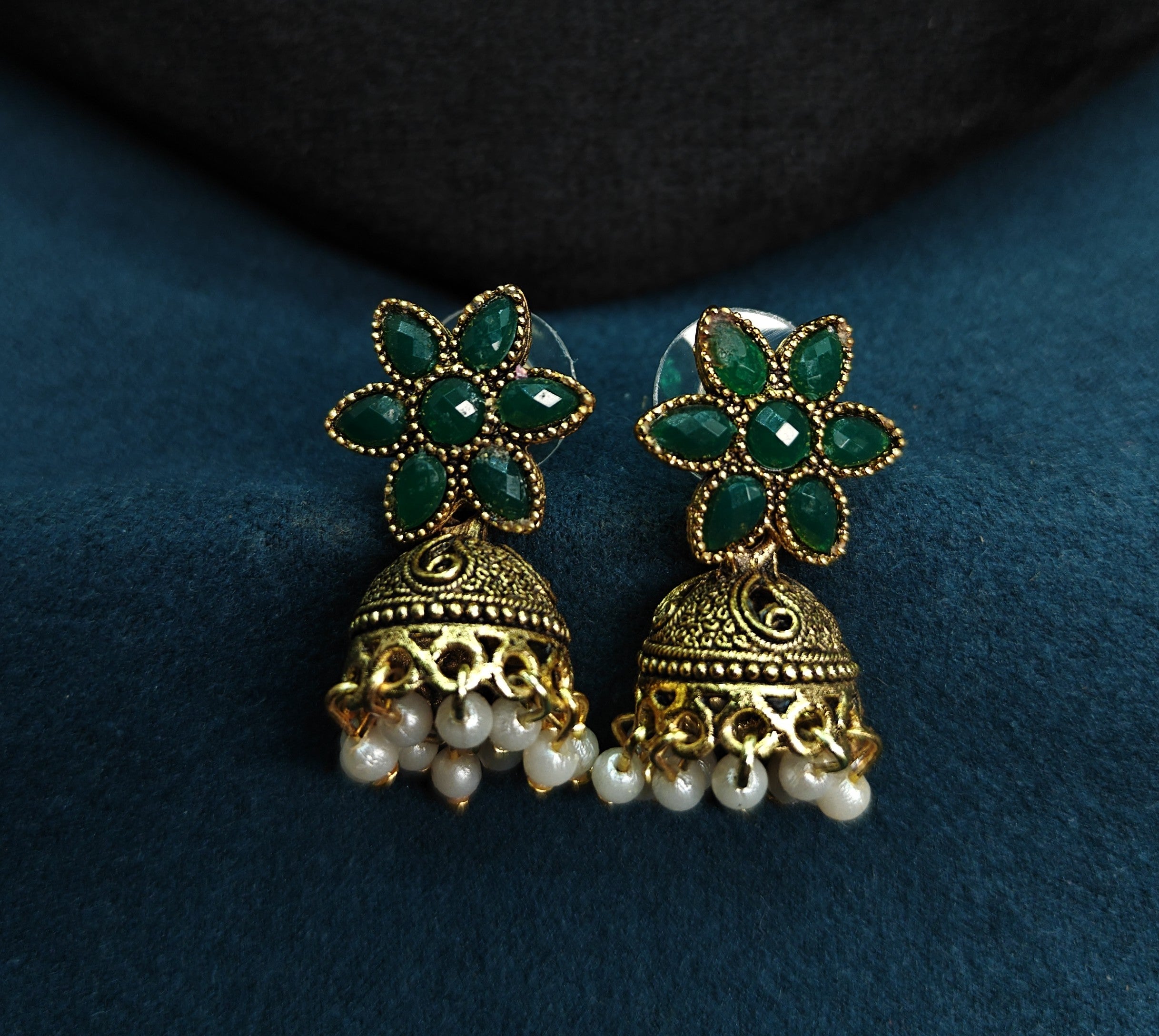 Antique Gold Flower Cutwork Emerald Green Dual Row Necklace Set for Women - Matte Finish
