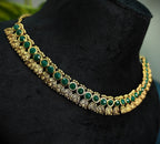 Antique Gold Flower Cutwork Emerald Green Dual Row Necklace Set for Women - Matte Finish