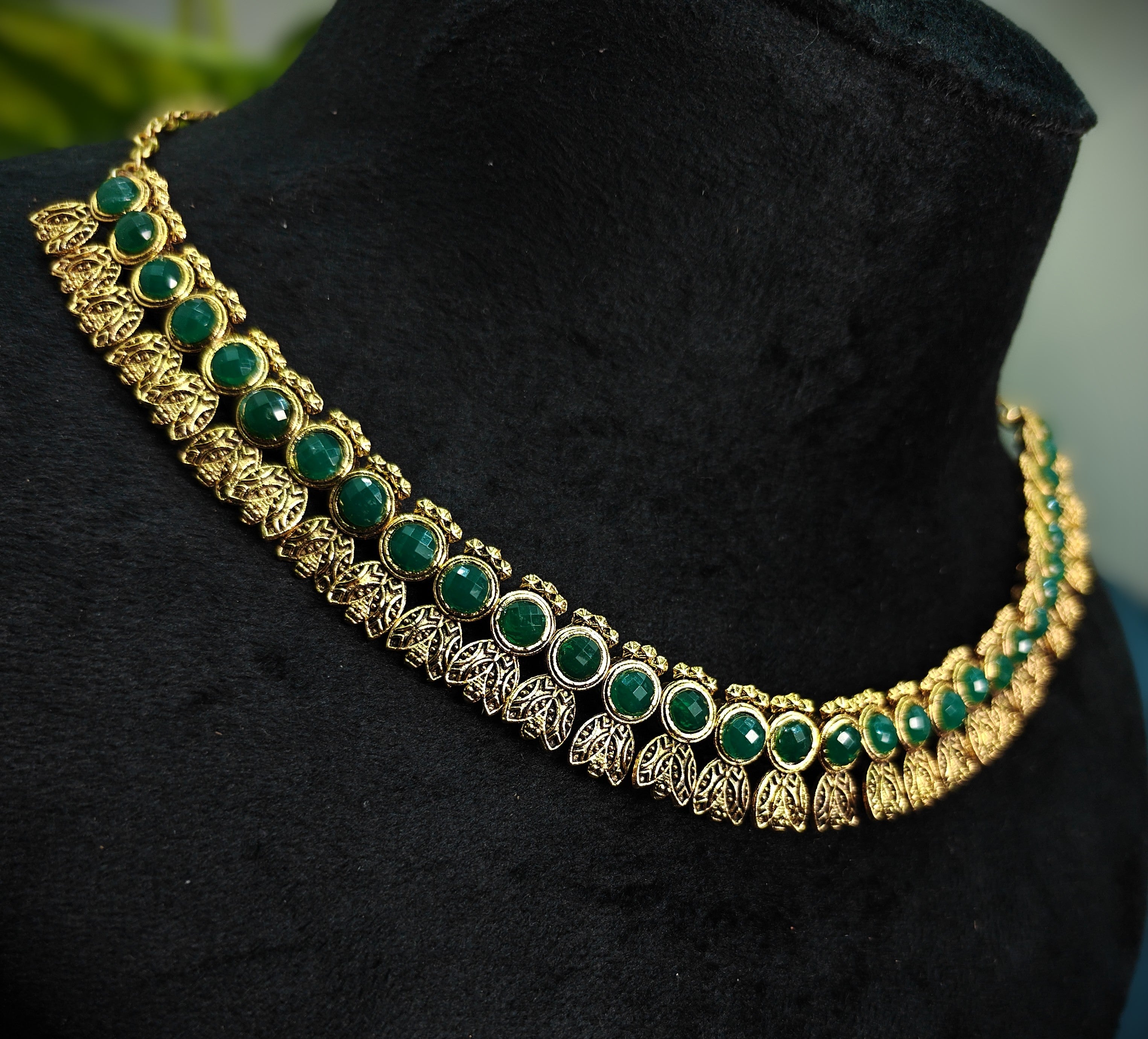 Antique Gold Flower Cutwork Emerald Green Dual Row Necklace Set for Women - Matte Finish