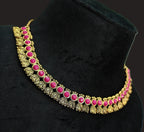 Antique Gold Flower Cutwork Ruby Magenta Dual Row Necklace Set for Women - Matte Finish