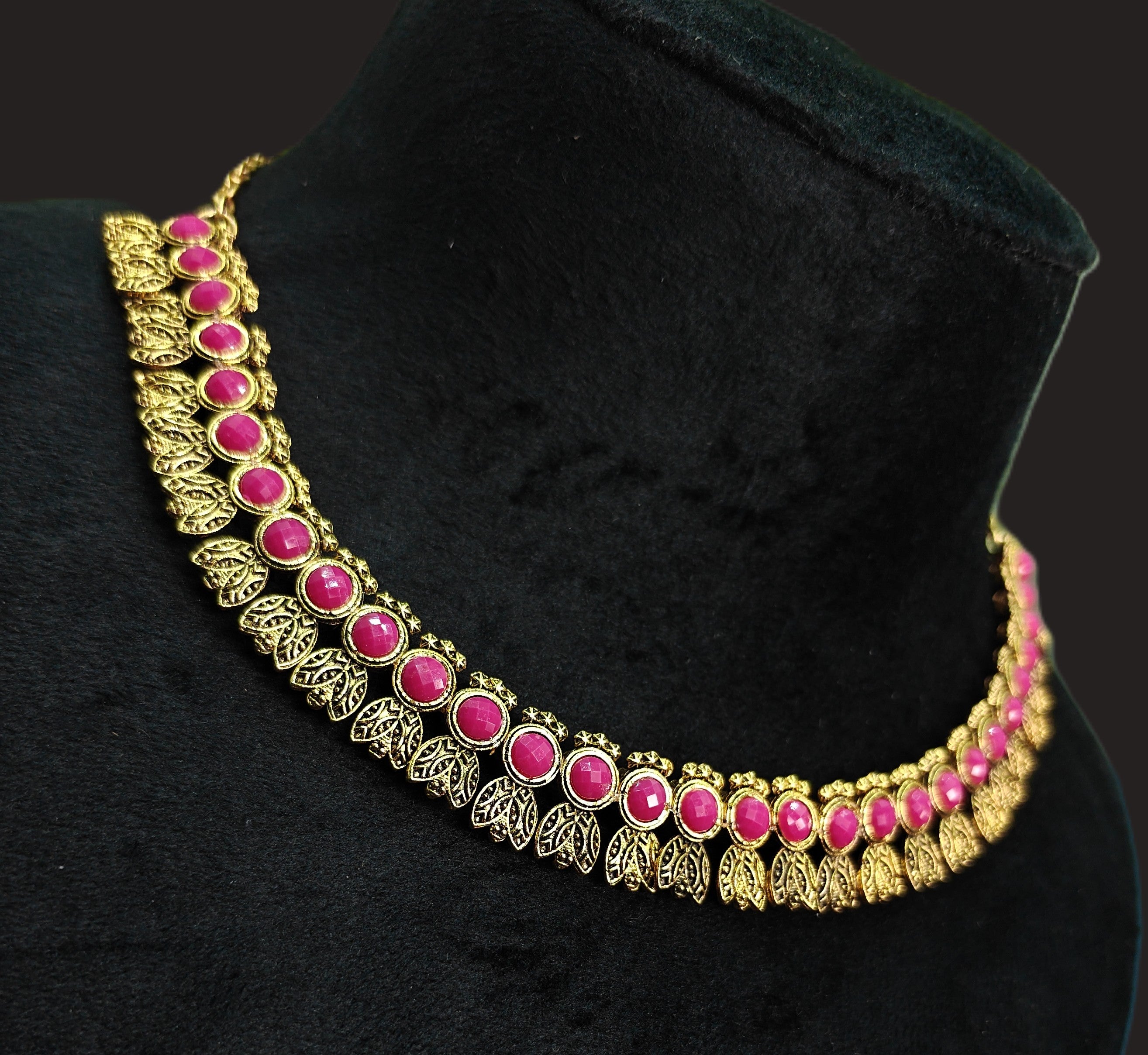 Antique Gold Flower Cutwork Ruby Magenta Dual Row Necklace Set for Women - Matte Finish