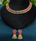 Antique Gold Flower Cutwork Ruby Magenta Dual Row Necklace Set for Women - Matte Finish